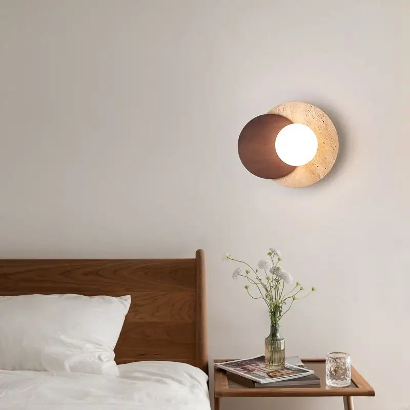 Japanese style Wabi-sabi Round Wall Lamps for Living Room Bedside Aisle Stair Entrance Decor Yellow Cave Stone Solid Wood Light - vue 4 sur 8
