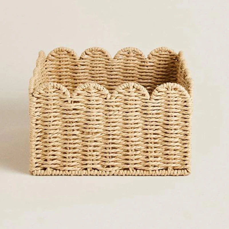 Scalloped Edge Basket, Wicker Storage Baskets,Handwoven Organizing Baskets For Shelves, Paper Rope Design - vue 4 sur 6