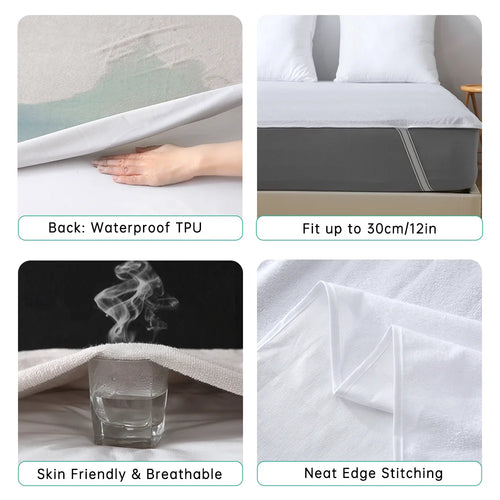 1pc Soft Lightweight Thin Mattress Cover with Elastic Bands, Waterproof Terry Cloth Fitted Sheet, Grey/White - vue 5 sur 6
