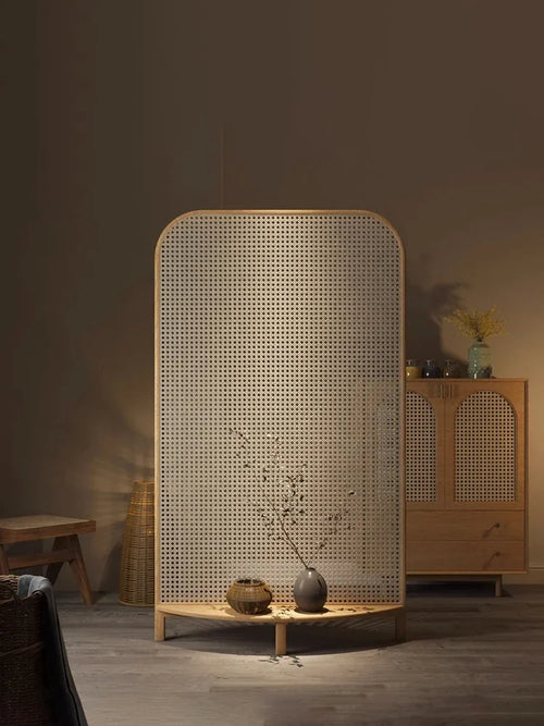 solid wood rattan screen, living room, retro entryway, shelf, partition, homestay, mobile seat screen - vue 6 sur 6