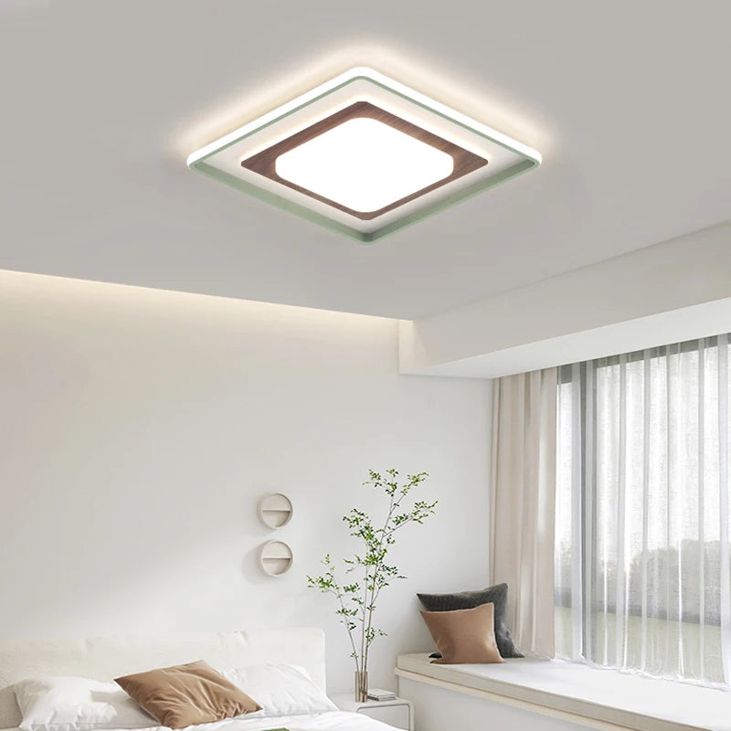 Minimalistische quadratische Wohnzimmer-Deckenleuchte mit Holzmaserung - vue 4 sur 18