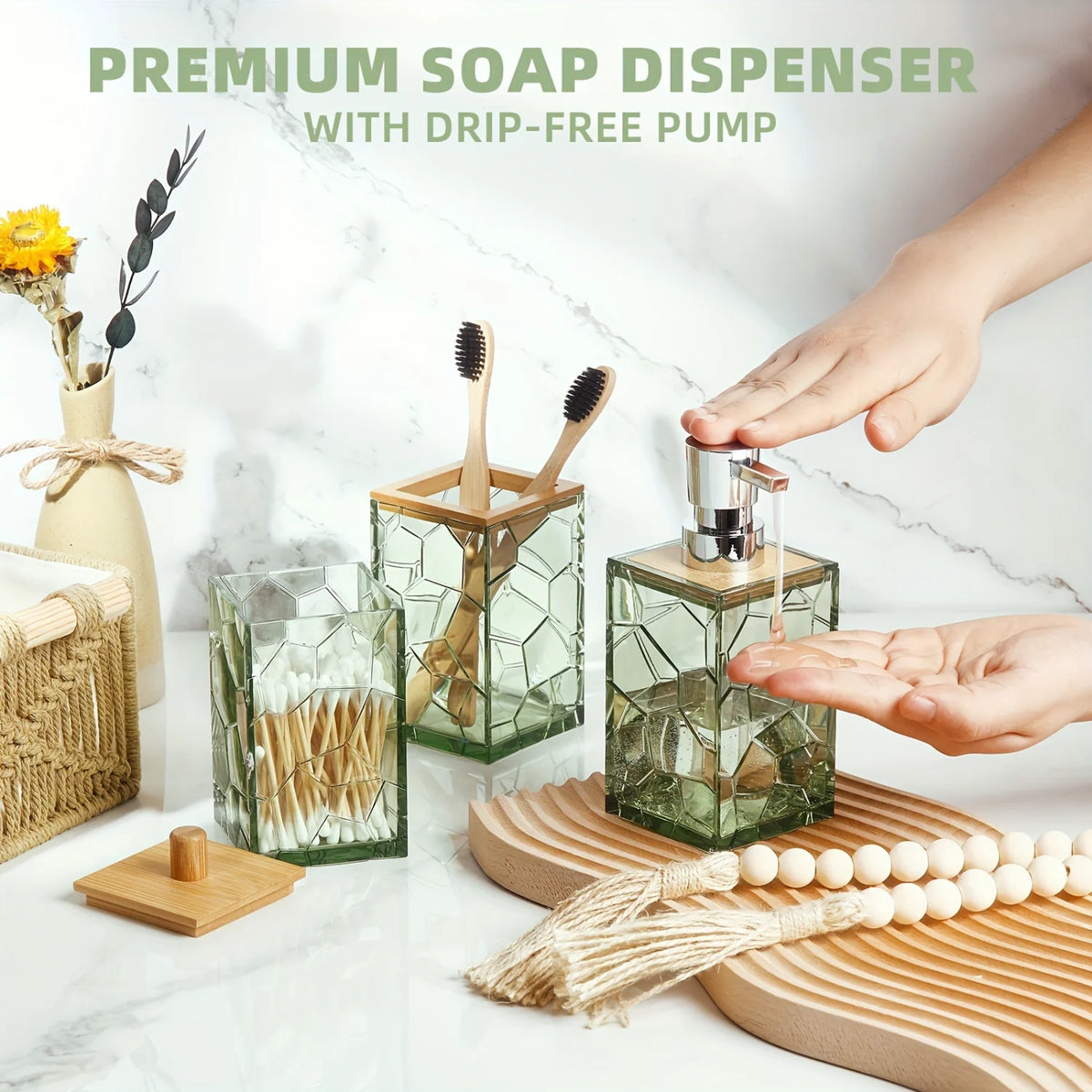 Bathroom Accessory Set, Acrylic Bamboo Accessories, Includes Toothbrush Holder, Soap Dispenser, Cotton Swab Holder, Soap Dish, T