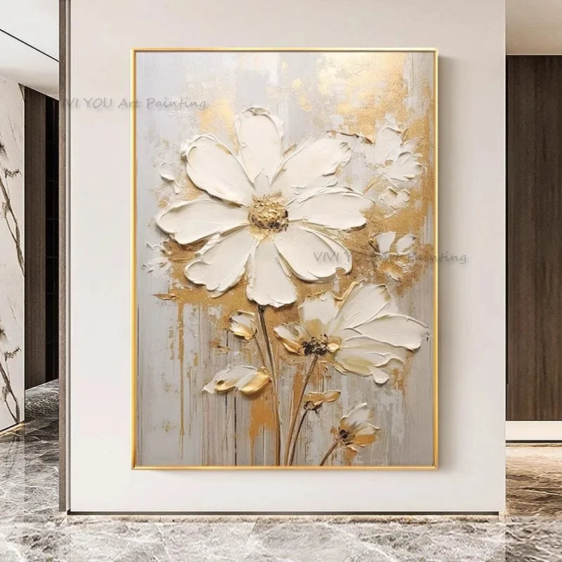 Tableau peinture à l'huile épaisse fleurs blanches abstraites décoration murale luxe - vue 8 sur 11