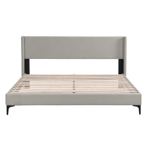 VSOGA Upholstered Bed, Double Bed, Bed With Slatted Frame, High Headboard, Upholstered Headboard, 180 X 200cm, Linen, Grey