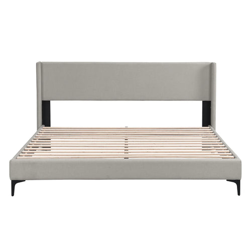 VSOGA Upholstered Bed, Double Bed, Bed With Slatted Frame, High Headboard, Upholstered Headboard, 180 X 200cm, Linen, Grey
