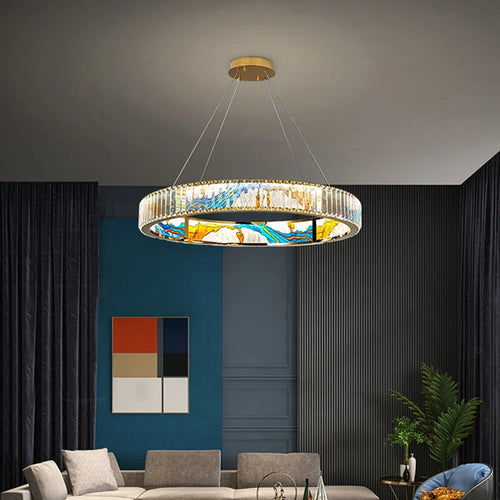 Moderner dimmbarer LED-Kronleuchter aus Stahl mit dekorativem Ring - vue 3 sur 14