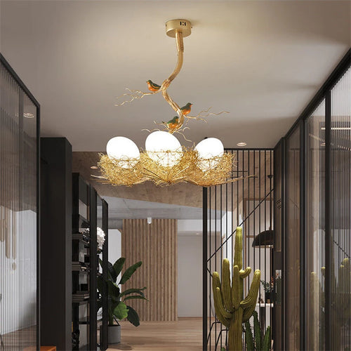 lustre moderne led en forme de nid d'oiseau en verre