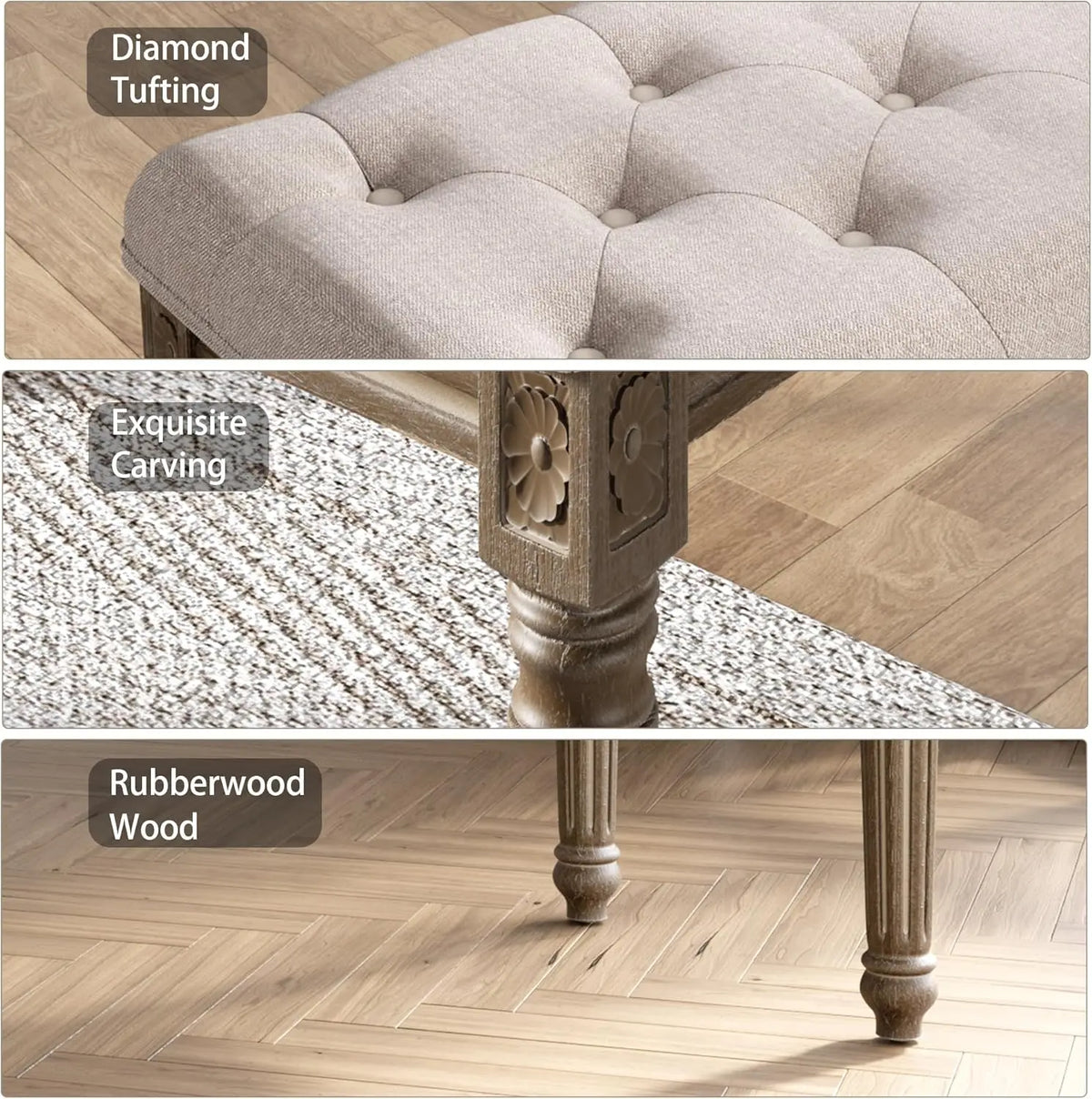 Beige Bench for Dining Room Table, Upholstered Vanity Stool Piano Bench Makeup Stool with Rustic Wood Vanity Stool Foot Rest - vue 4 sur 6