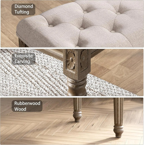 Beige Bench for Dining Room Table, Upholstered Vanity Stool Piano Bench Makeup Stool with Rustic Wood Vanity Stool Foot Rest - vue 5 sur 6