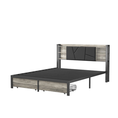 Double Bed with Metal Slatted Base,Platform Bed Frame with LED and 2 Drawers,Headboard with Storage Space,without mattress - vue 6 sur 7
