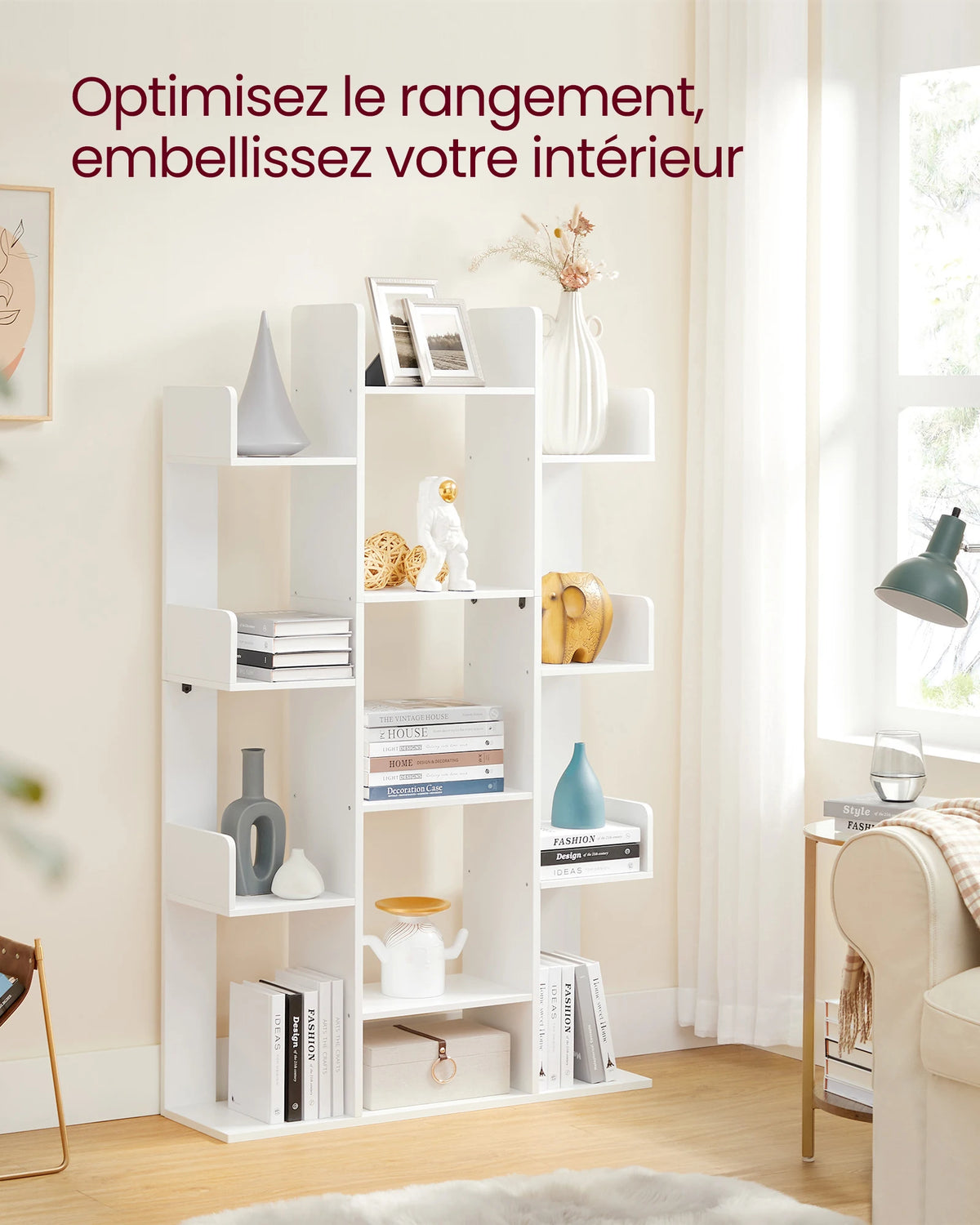 VASAGLE Bookshelf, Tree-Shaped Bookcase with 13 Storage Shelves, 86 x 25 x 140 cm, with Rounded Corners