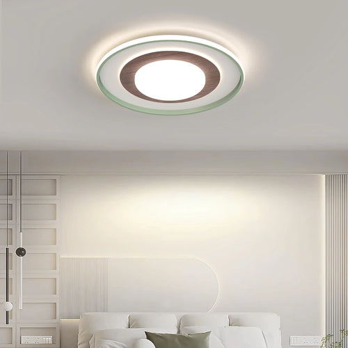 Minimalistische quadratische Wohnzimmer-Deckenleuchte mit Holzmaserung - vue 5 sur 18