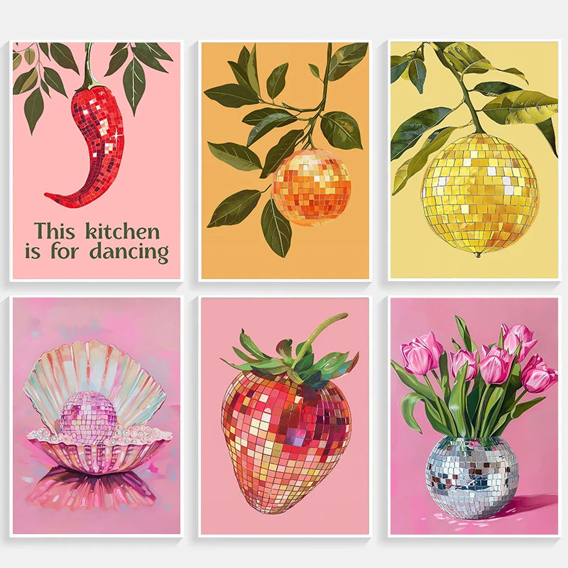 affiche créative boule disco fruit abstrait rétro peinture murale décorativa