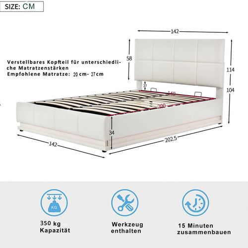 PU Leather White Upholstered Bed 140x200cm Double Bed with LED Lighting Underbed Storage Space, Bed Frame with Slatted Frame - vue 7 sur 7