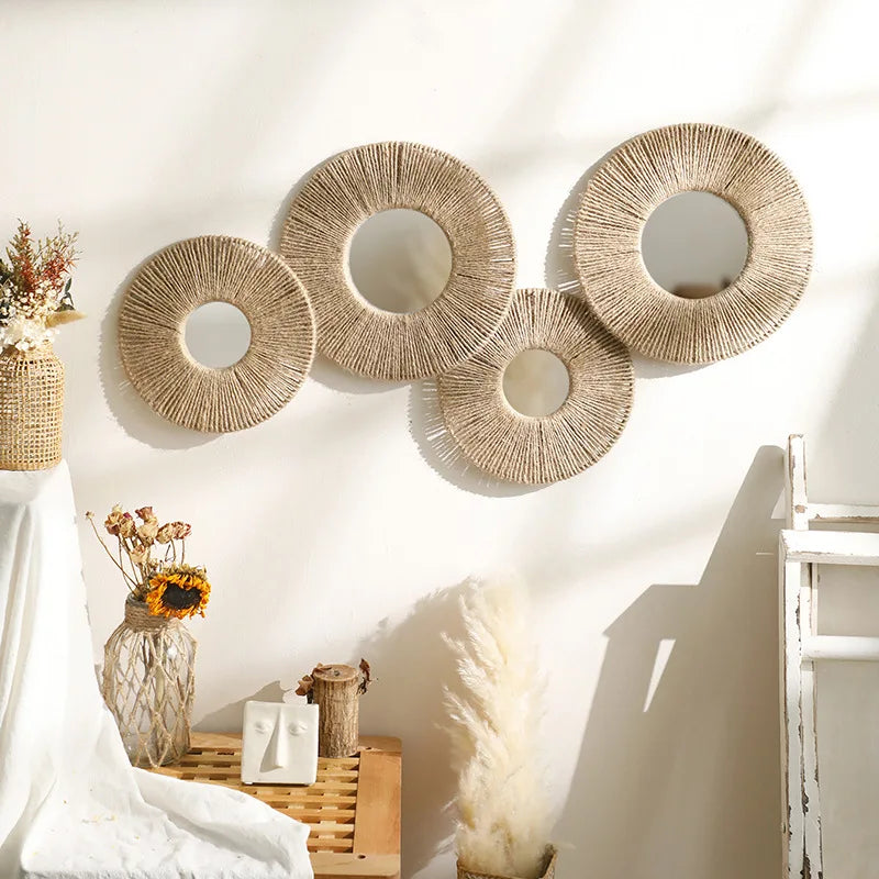 Round Decorative Wall Mirrors Farmhouse Circle Mirror with Hemp Rope Boho Mirrors for Bedroom, Bathroom, Living Room Decor Gift