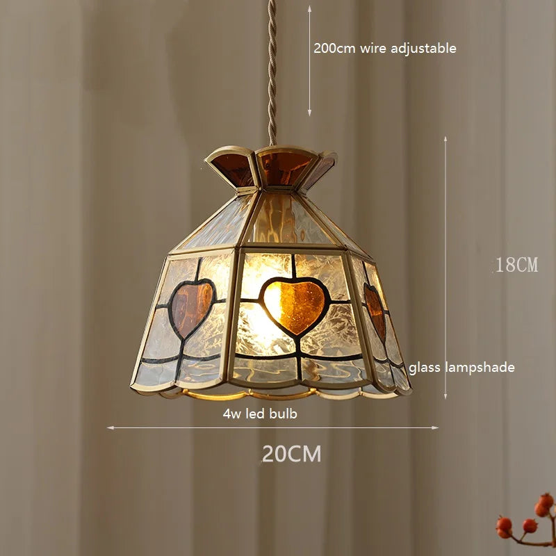 Suspension vintage en cuivre avec abat-jour en verre fait main