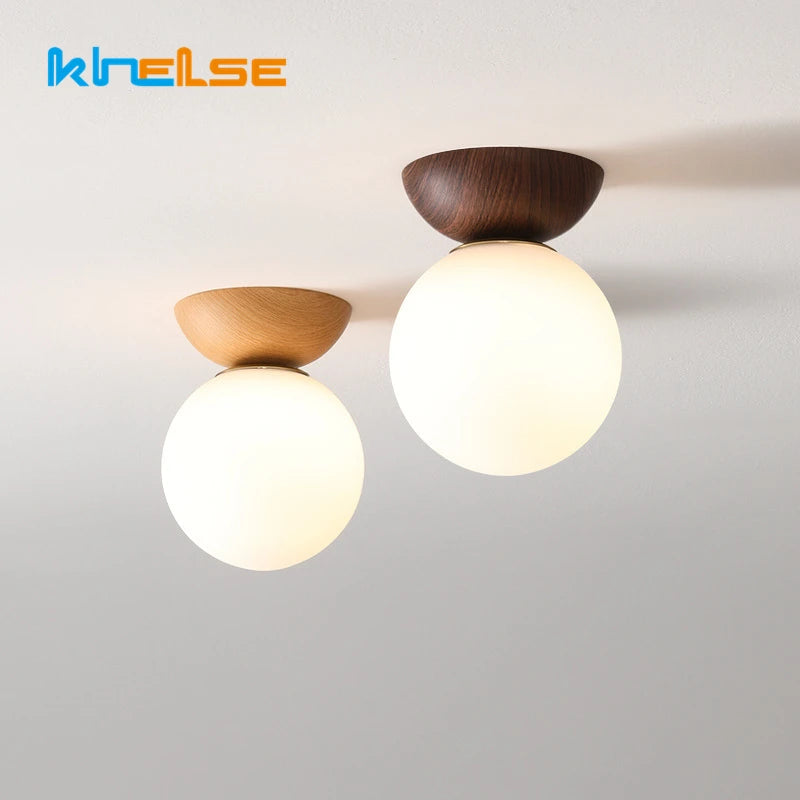 plafonnier led rond en verre avec abat jour en bois - vue 2 sur 10
