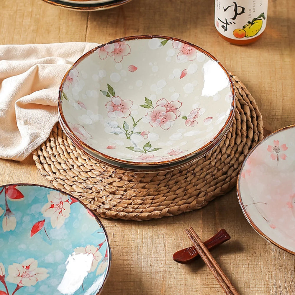 Assiettes plates creuses céramique style japonais motifs floraux - vue 4 sur 6
