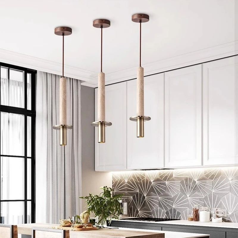 suspension cylindrique en marbre et métal doré pour intérieur moderne - vue 4 sur 7