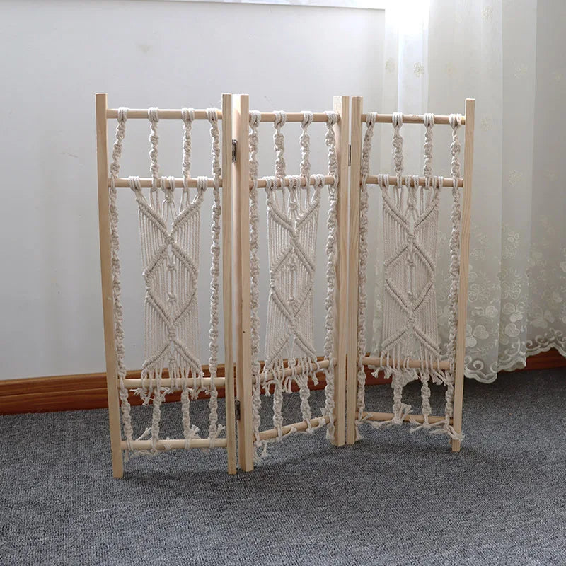 paravent bohème en bois massif tissé main décorations japonaises et coréennes - vue 4 sur 6