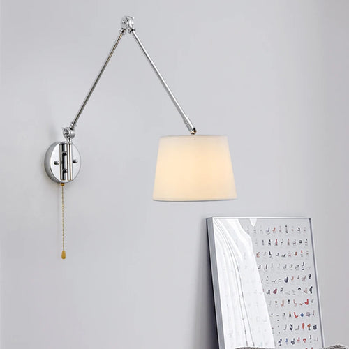 Luxury Chrome Wall Lamp Swing Long Rocker Arm Wall Light LED E27 Adjustable Joint Fabric Sconce Reading Wall Lamps with Switch - vue 2 sur 7