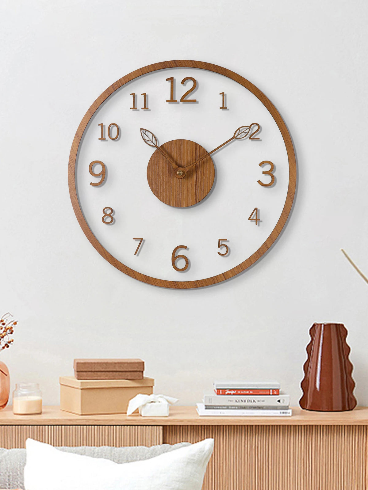 Transparent minimalist wall clock, tree leaf pointer, wood grain wall clock, silent living room, bedroom, office, and holiday de