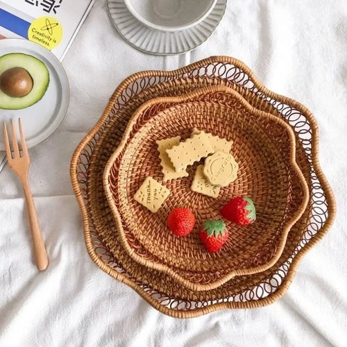 Round Rattan Woven Basket, Wicker Fruit Basket, Bread Food Kitchen Home Decor Organizer, Breadbasket For Kitchen - vue 7 sur 12