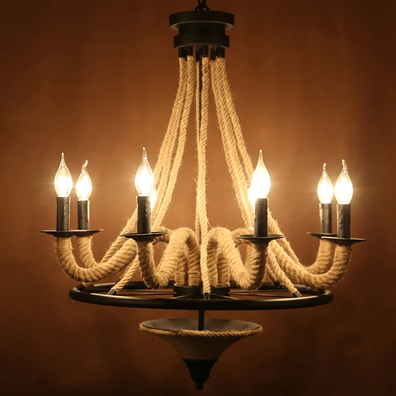lustre loft américain en bois avec corde de chanvre industrielle - vue 3 sur 7