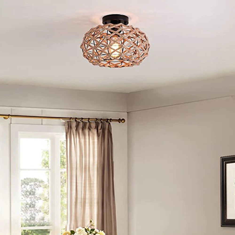 lustre de plafond en corde de chanvre fait main style industriel rétro - vue 4 sur 15