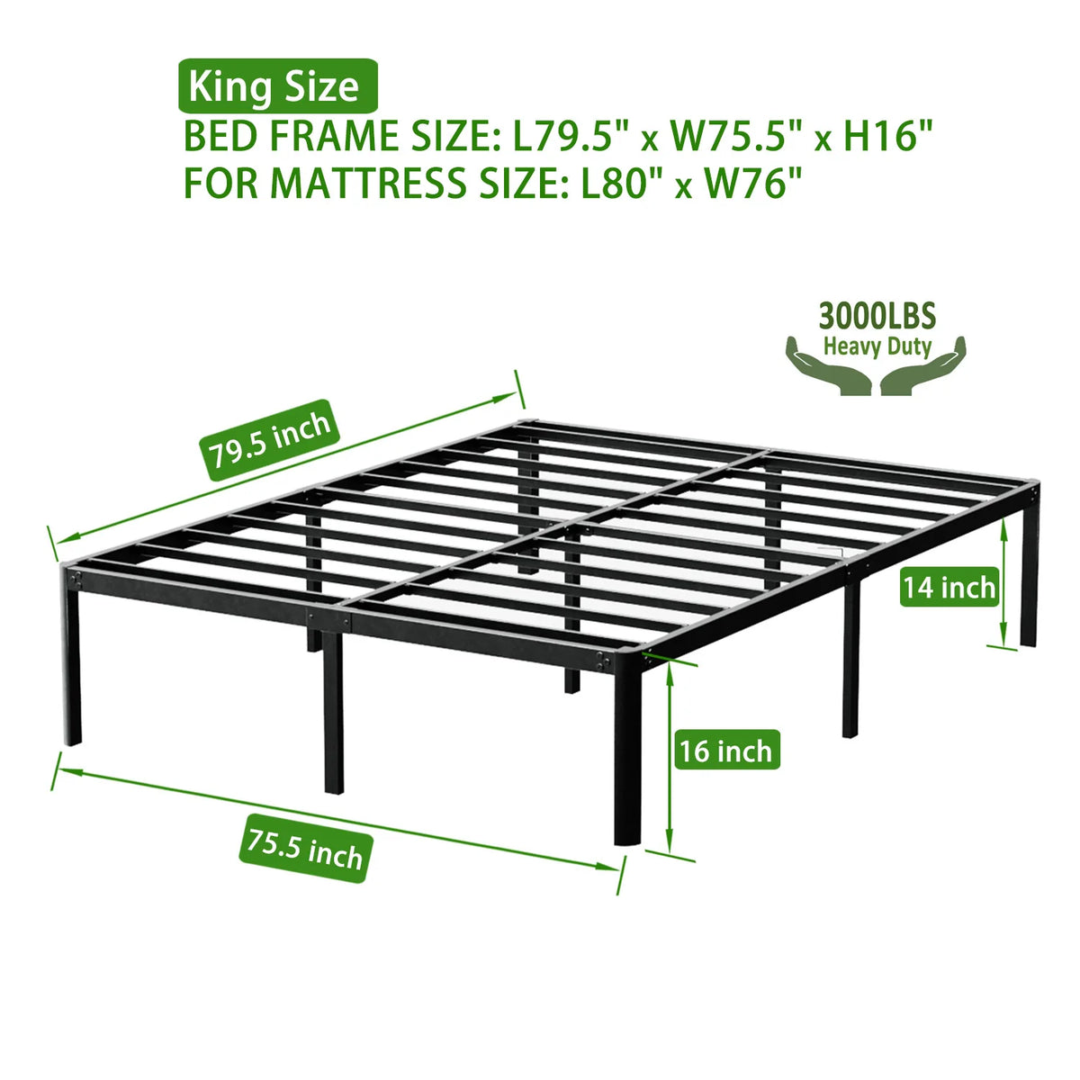 DDPNKL 16 Inch Standard Metal Platform Bed Frame / 3,000 lbs Heavy Duty Steel Slat Easy Assembly Mattress Foundation/Noise Free