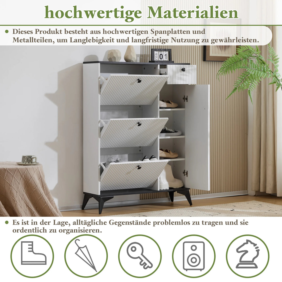Shoe cabinet with 3 flaps, 1 drawer and 1 door, shoe rack shoe tipper narrow, shoe cabinet White