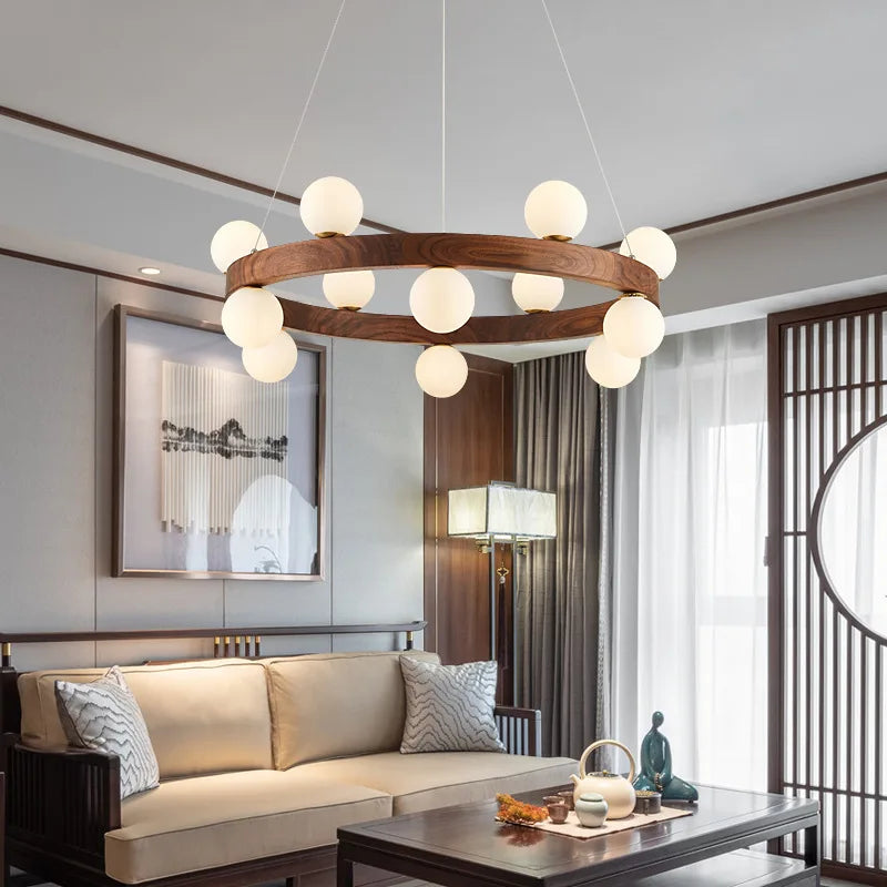 Nordique rond en bois anneau lustres salon rondin suspension lampe salle à manger cuisine chambre japonais créatif noyer suspension lumières - vue 4 sur 13