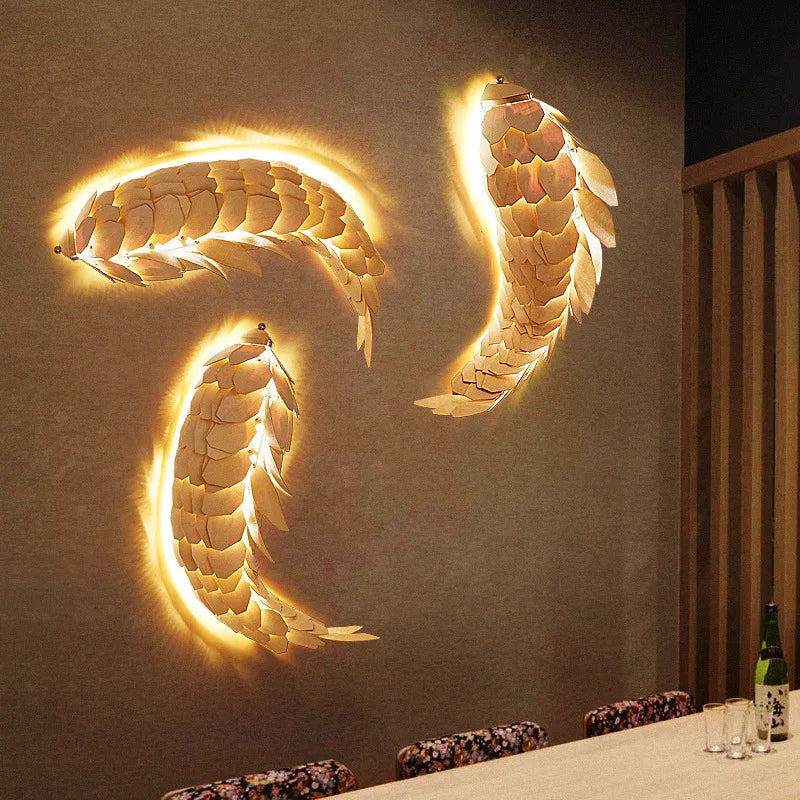 applique murale Créatif à la main Style chinois bois poisson brillante LED 12W salon chevet escalier éclairage décor - vue 3 sur 7