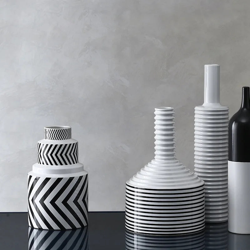 Black and White Striped Ceramic Vase, Flower Pot Decoration, Home and Living Room Decoration, Creative Geometric Striped Vase