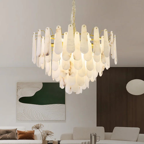 Luxuriöse Pendelleuchte aus Marmor und Kupfer im minimalistischen chinesischen Stil - vue 3 sur 8