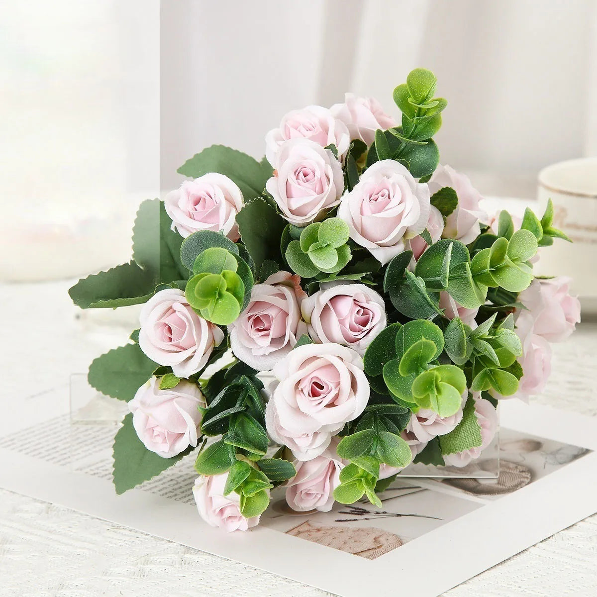 lot de 10 roses artificielles bouquet avec eucalyptus et pivoines décoratif - vue 10 sur 10