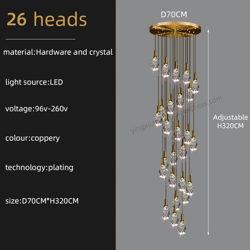 lustre moderne créatif en cristal pour escalier colimaçon