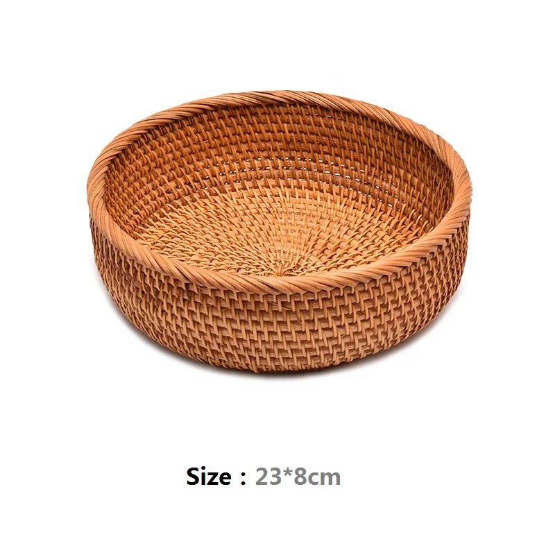 HeMu-Round Rattan Woven Basket, Wicker Fruit Basket, Bread Food, Kitchen Home Decor, Organizer Breadbasket for Kitchen - vue 9 sur 13