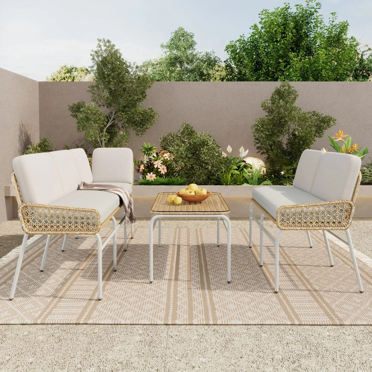 Poly rattan set, garden set, sofa lounge for 4-5 people, corner sofa, tempered glass, table & pads, apricot Gray, natural