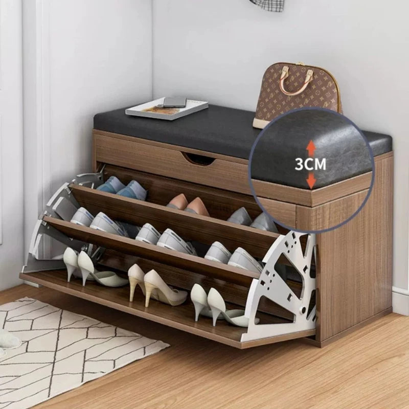 Home Shoe Cabinet with Bench, Anti-Dust Shoe Storage Bench, Multi-Layer Wooden Organizer with   Cushion and Stable Structure