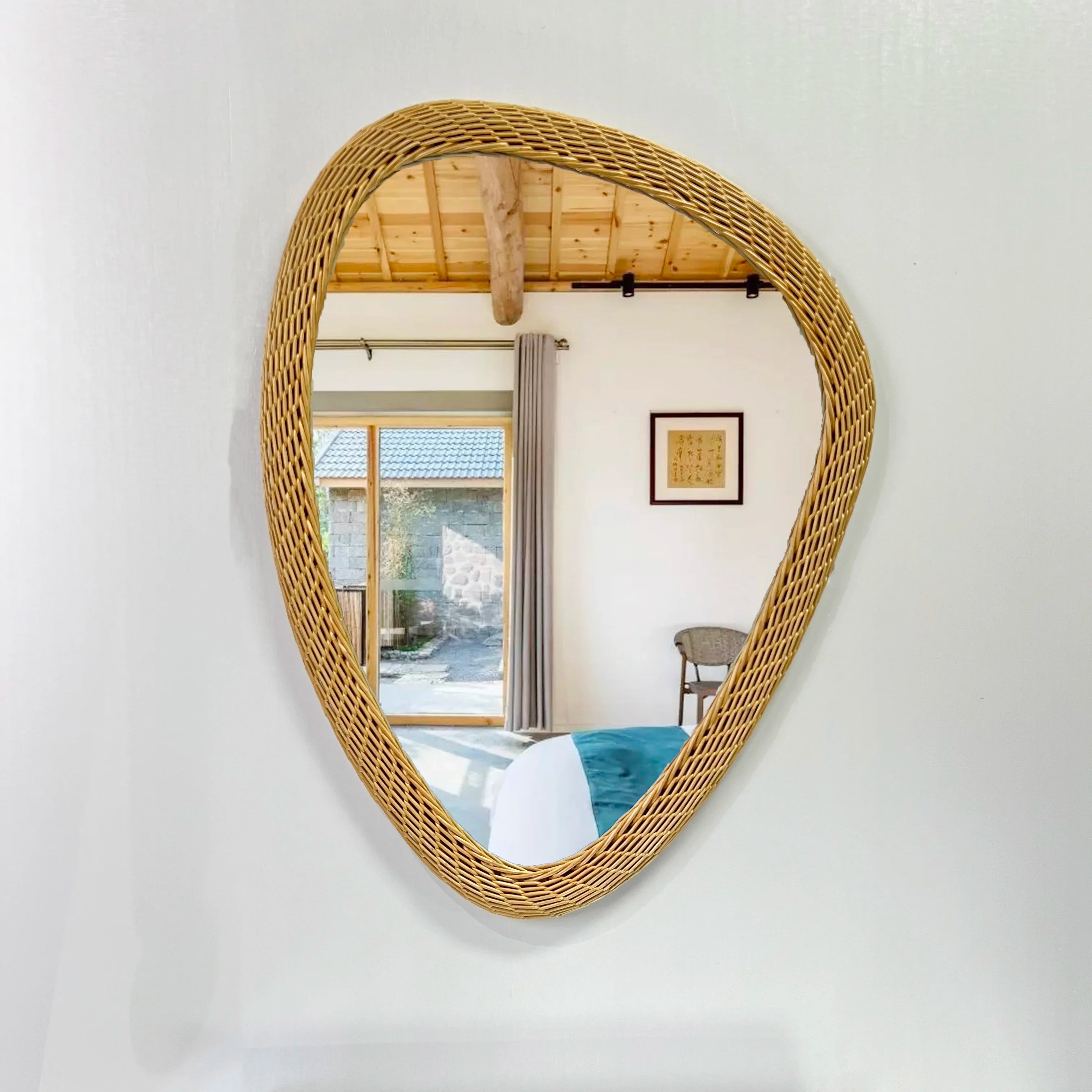 miroir bohème tissé en rotin fait main décoration artisanale - vue 3 sur 6