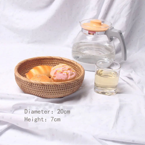 HEMU-Round Rattan Woven Basket, Wicker Fruit Basket, Bread Food, Kitchen Home Decor Organizer - vue 6 sur 12