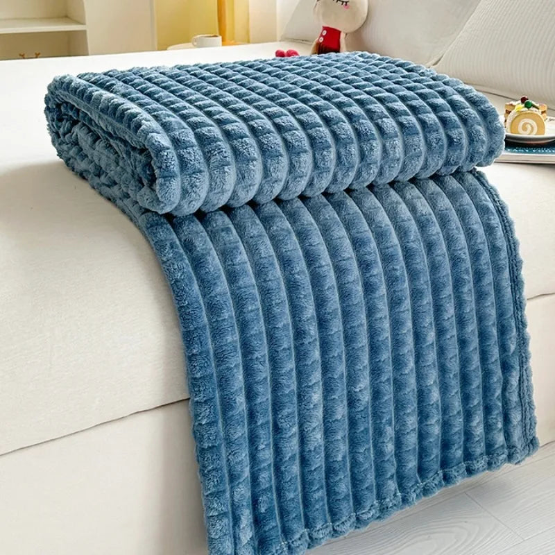 Plaid flanelle effet fourrure carreaux pour canapé hiver