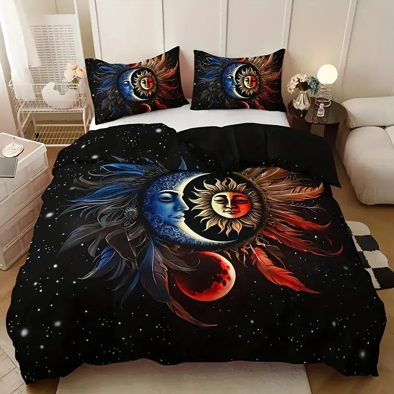 housse de couette bohème soleil lune motif floral noir blanc