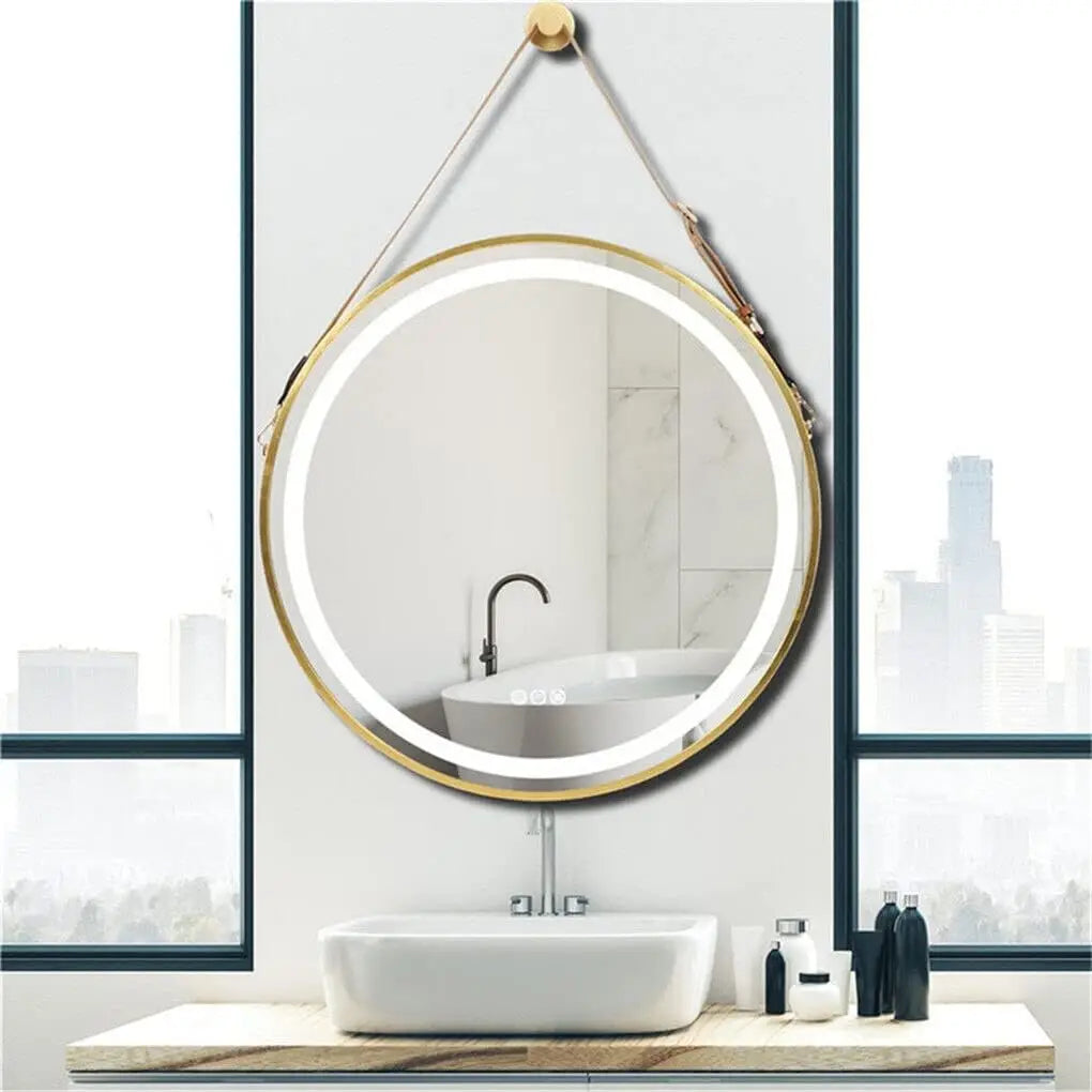 600mm Round LED Mirror Illuminated Lighted Wall Hanging Bathroom Mirror, Anti-fog, Golden/ Black Frame for Bathroom Entryway