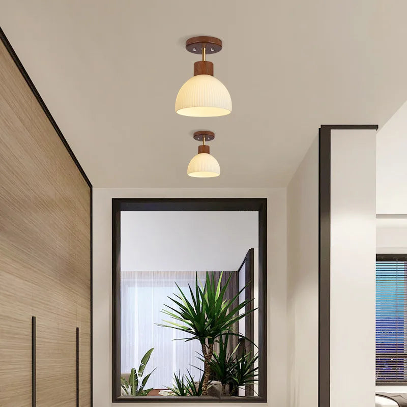 plafonnier nordique en bois et verre rayé design moderne luminaire décoratif - vue 4 sur 8