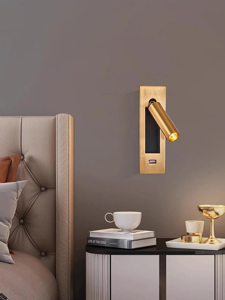 LED Brass Black Wall Lamp Wall Light Wall Sconce Wall Mounted Reading Light with Switch and USB Port, Rotatable For Bedroom