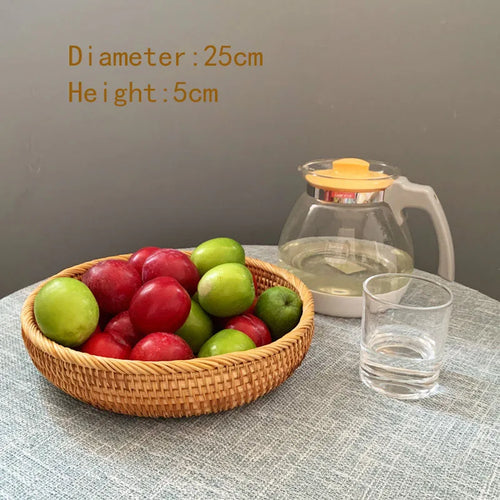 HEMU-Round Rattan Woven Basket, Wicker Fruit Basket, Bread Food, Kitchen Home Decor Organizer - vue 13 sur 12