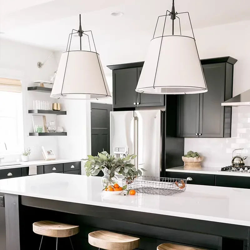 Cone drum pendant light, fabric lampshade, restaurant kitchen pendant light, indoor home decoration lighting - vue 3 sur 8