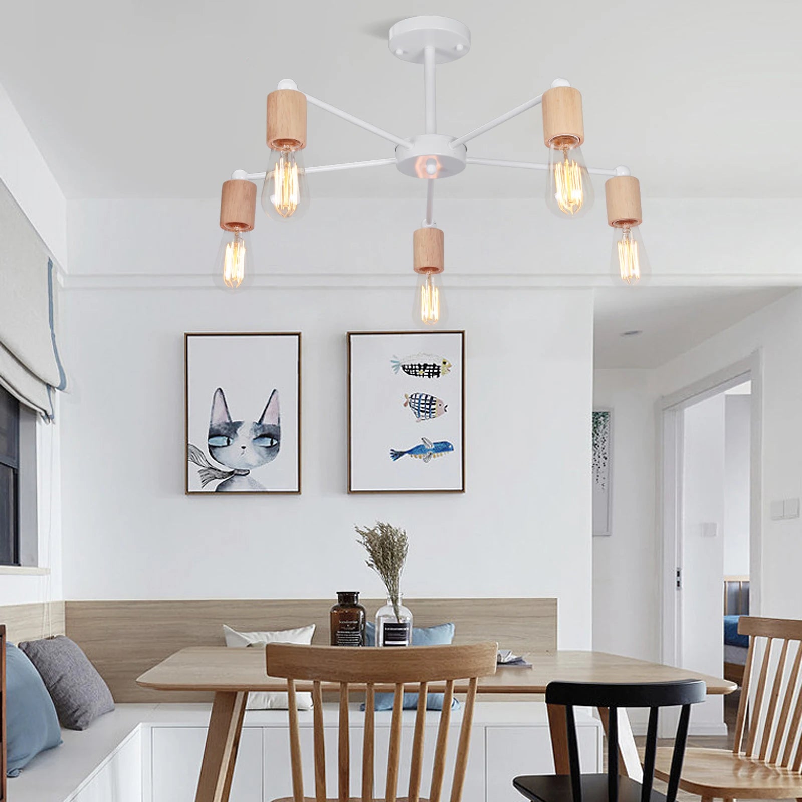 lustre industriel moderne avec tiges multiples en fer et bois - vue 5 sur 16